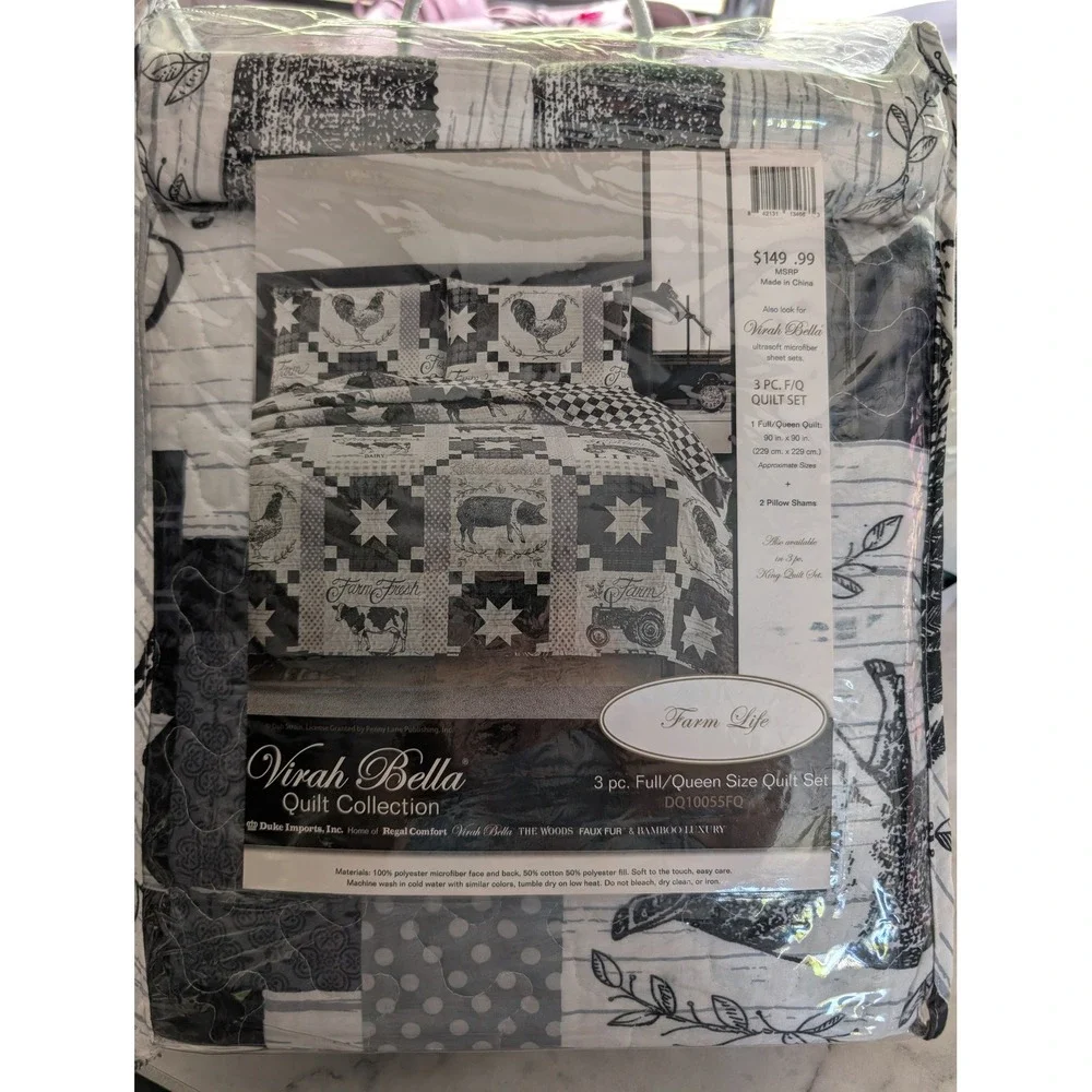 Virah Bella Quilt Set Full Queen Grey White NEW Farm Life Patchwork DQ10055FQ